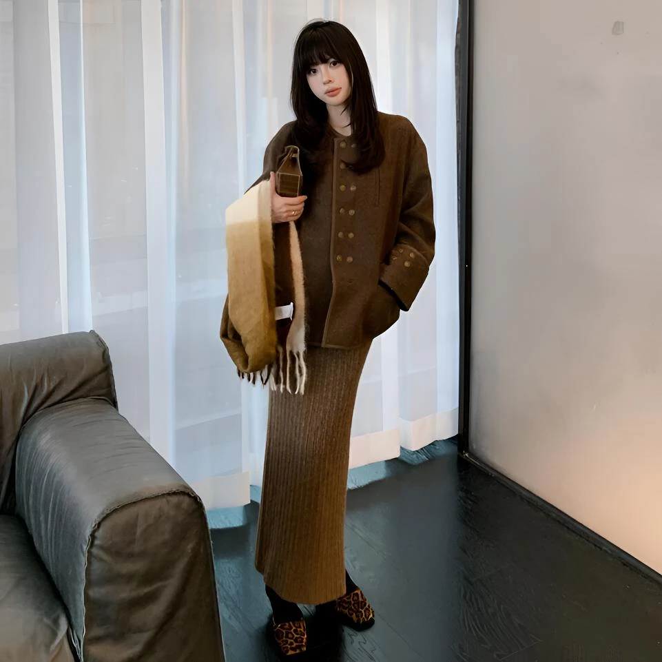 高级感小香风美拉德穿搭秋冬新款宽松长袖咖色外套半身裙两件套潮