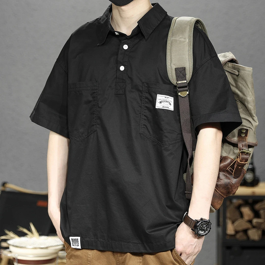 设计感美式休闲工装短袖polo衫男夏季薄款宽松叠穿翻领衬衫T恤男