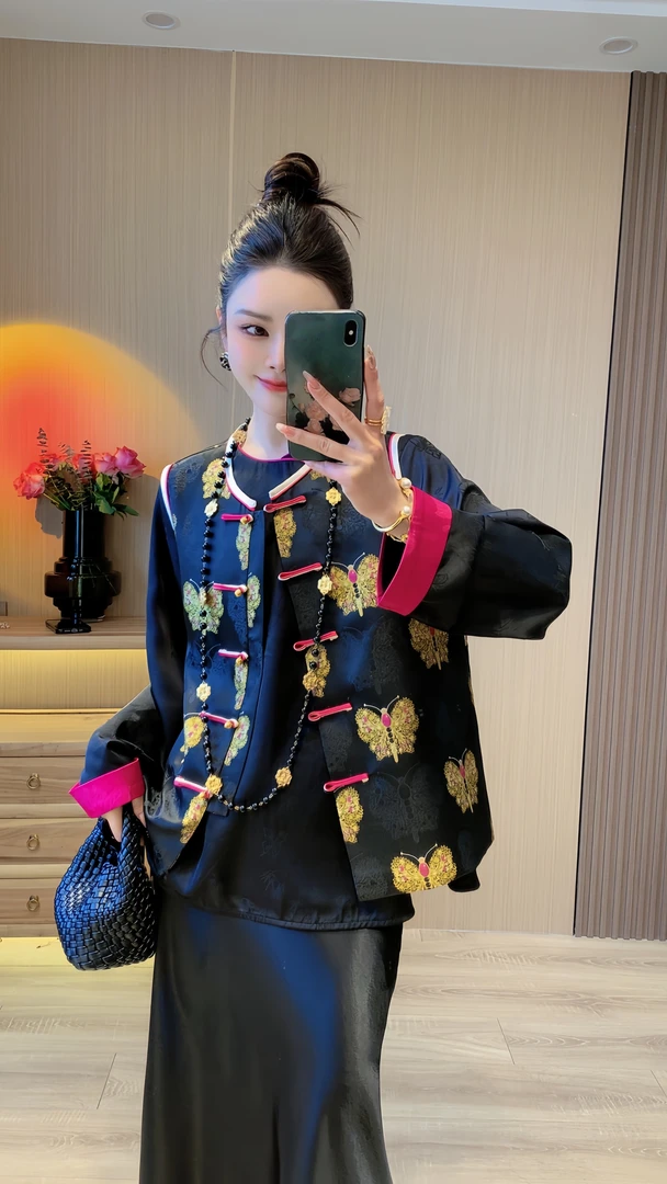 【黑金蝴蝶】新中式国风提花刺绣马夹上衣外套女