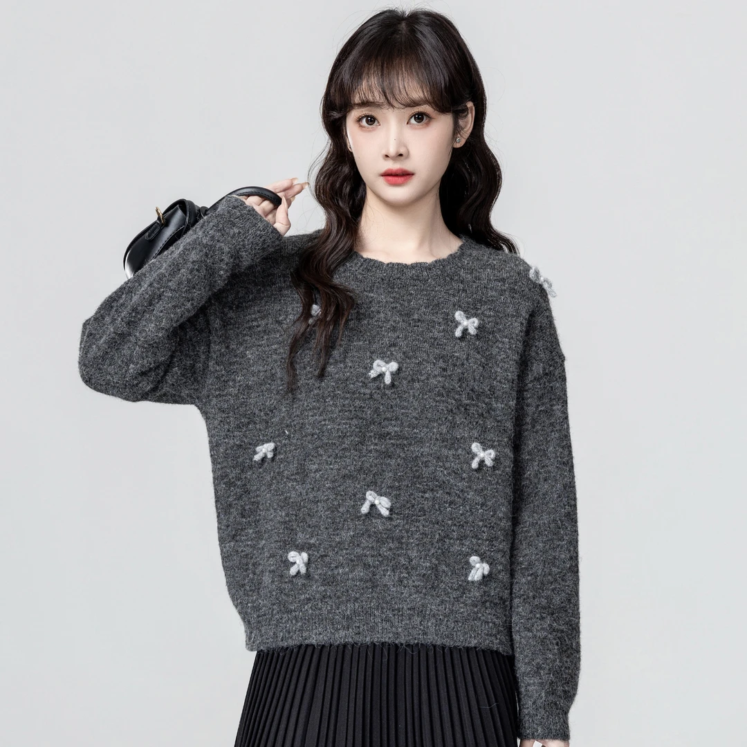 深灰色圆领毛衣女春秋2025秋季新款立体蝴蝶结长袖针织衫套头上衣