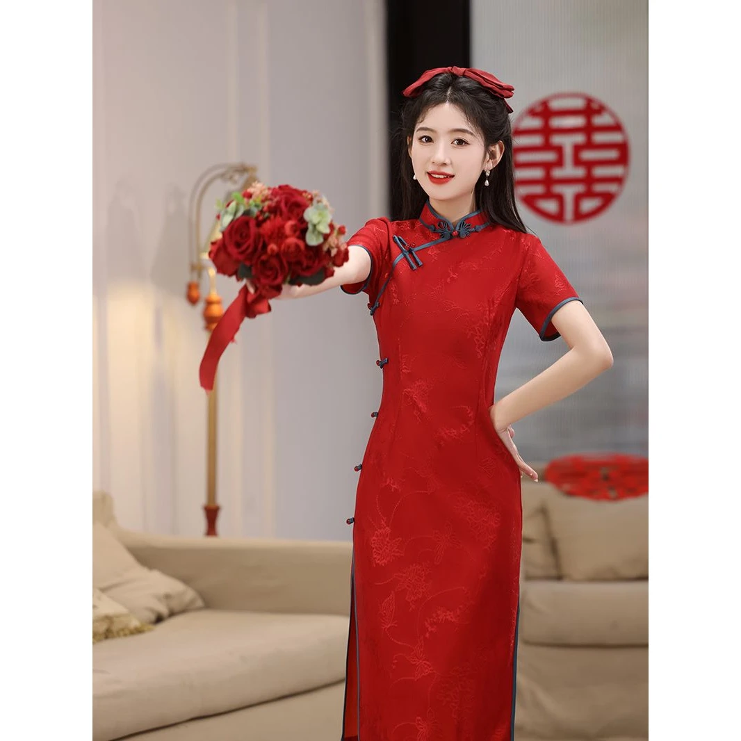 喜妈妈婚宴旗袍中国风中式女气质大方新款红色短袖喜婆婆礼服