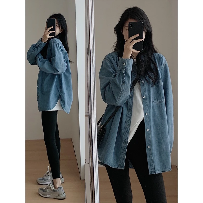 2025年早秋新款韩版设计感小众宽松休闲小个子蓝色牛仔衬衫外套女