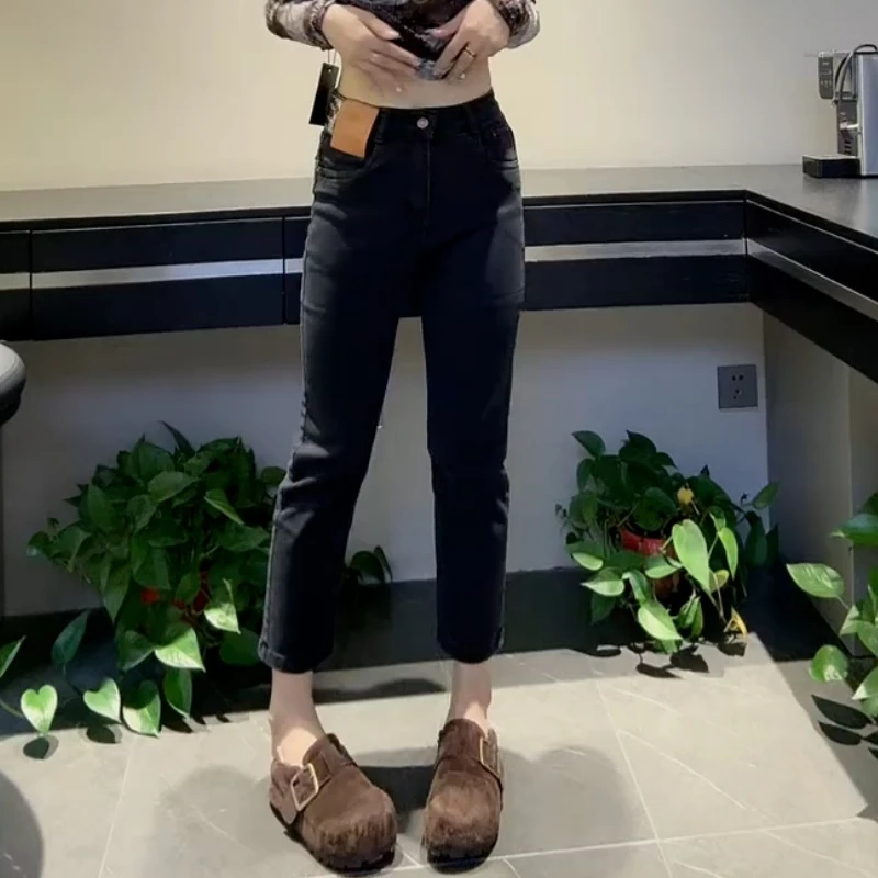 黑灰色高腰弹力直筒牛仔裤女春秋新款梨形身材大码显瘦九分烟管裤