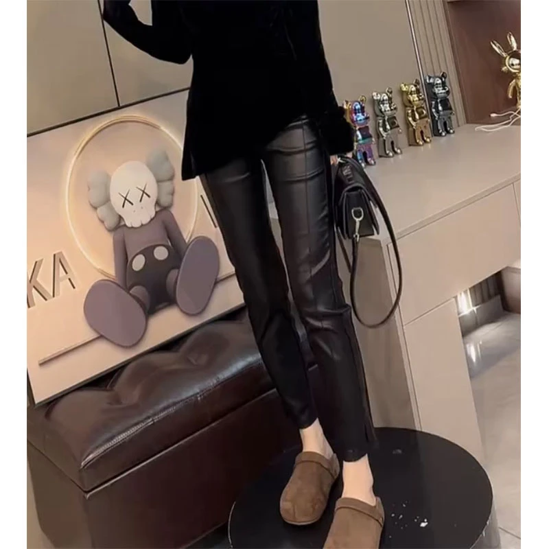 萱贝纯高腰百搭显瘦直筒休闲裤2025秋季新款时尚潮流九分开叉皮裤