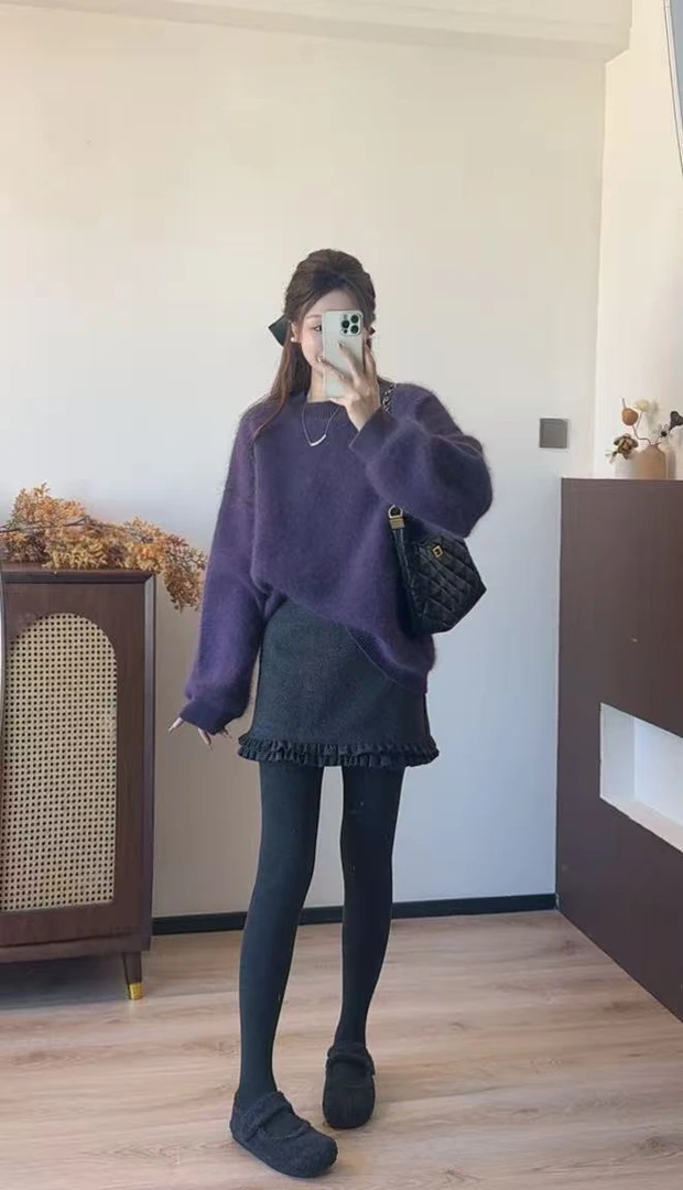 【YingYing定制】百搭绵羊毛针织圆领厚款女兔毛冬季慵懒风宽松时尚