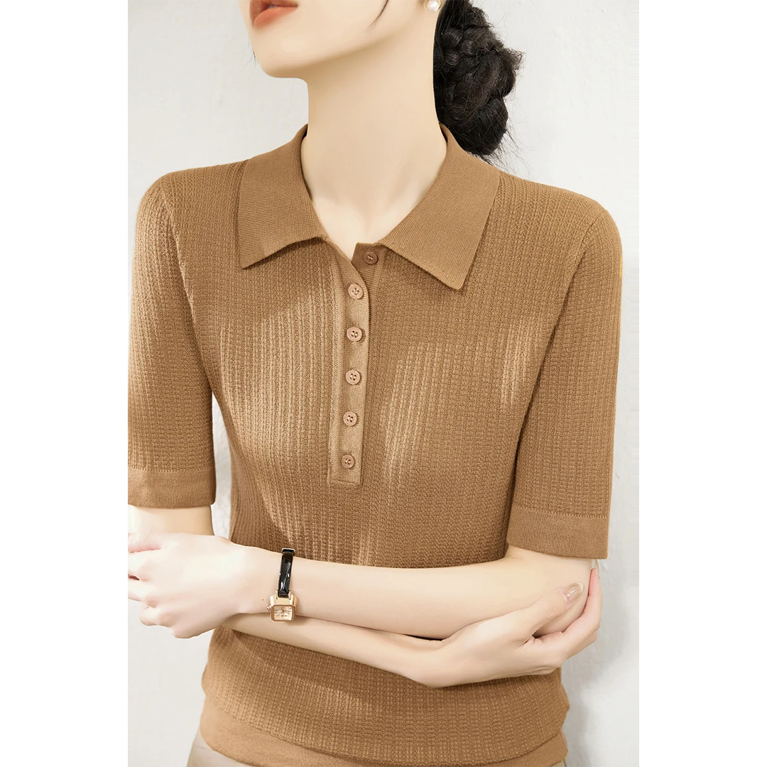 复古POLO领半开式纽扣设计短袖莱赛尔冰丝针织T恤女透气薄款上衣