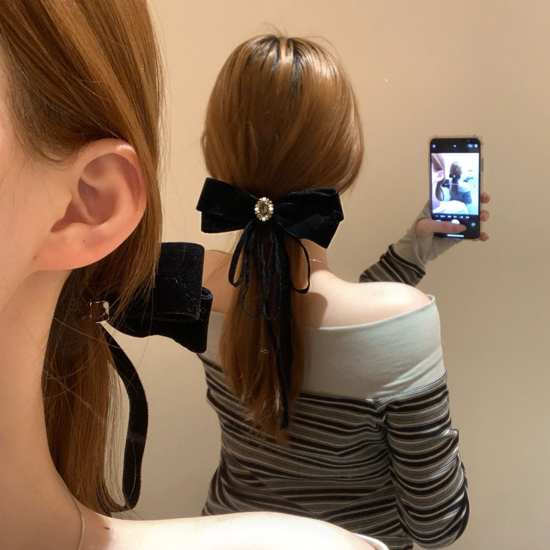 丝绒蝴蝶结闪钻飘带发夹弹簧夹后脑勺夹千金感公主头发饰法式