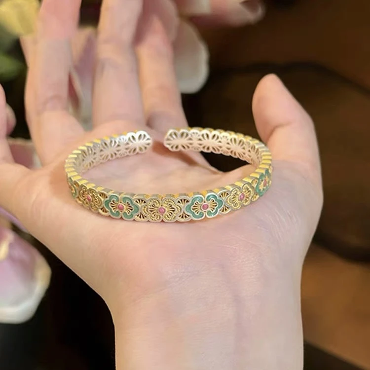 足银珐琅手镯 足银999花见青镂空珐琅彩手镯新中式复古开口可调节