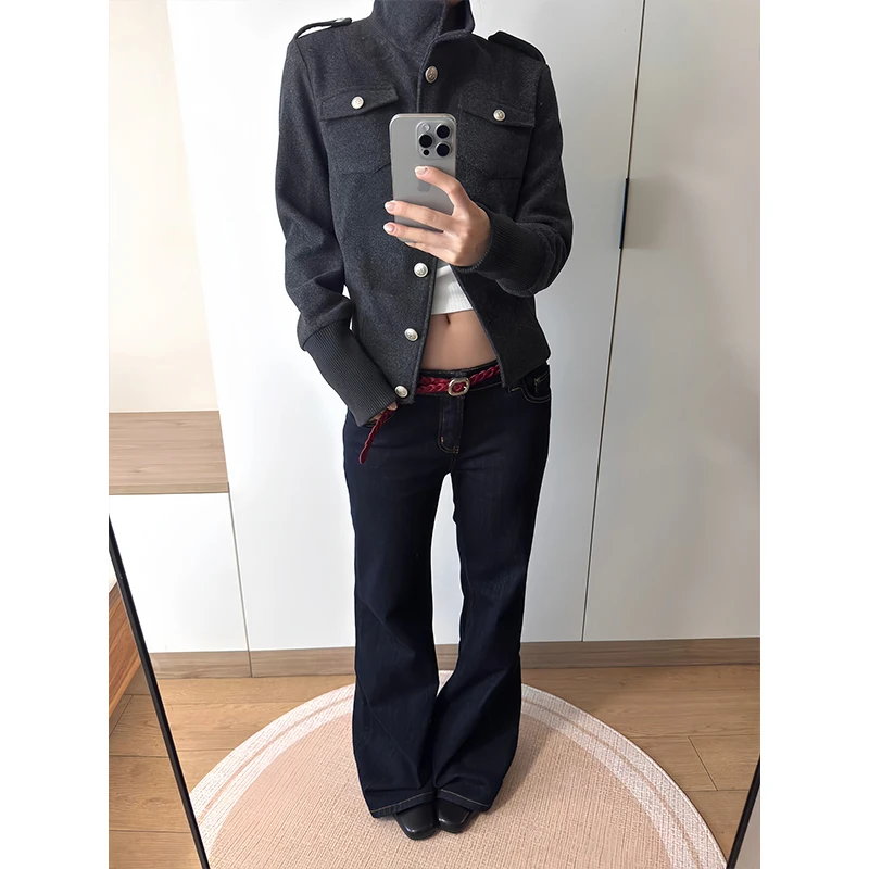 复古收腰立领外套女秋季新款气质温柔显瘦高级感正肩修身短款夹克