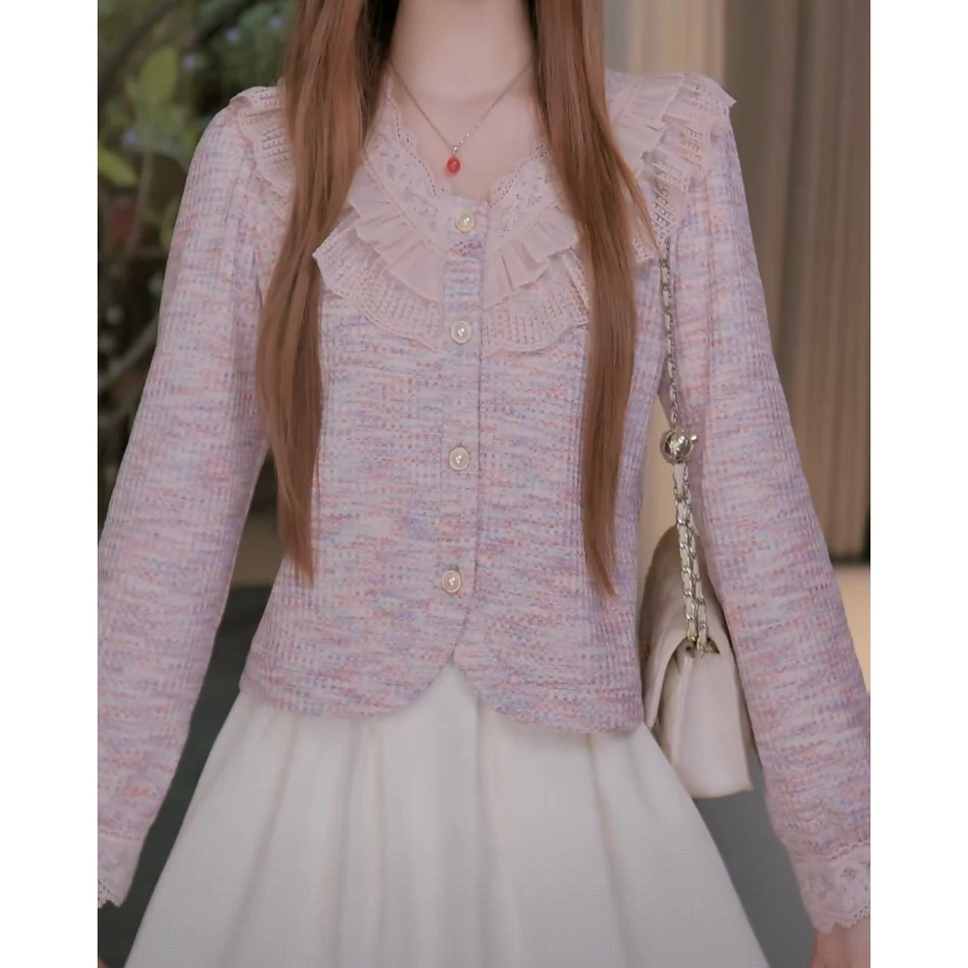 荷叶花边v领蕾丝衬衫女气质显瘦百搭小衫2025秋季新款上衣时尚