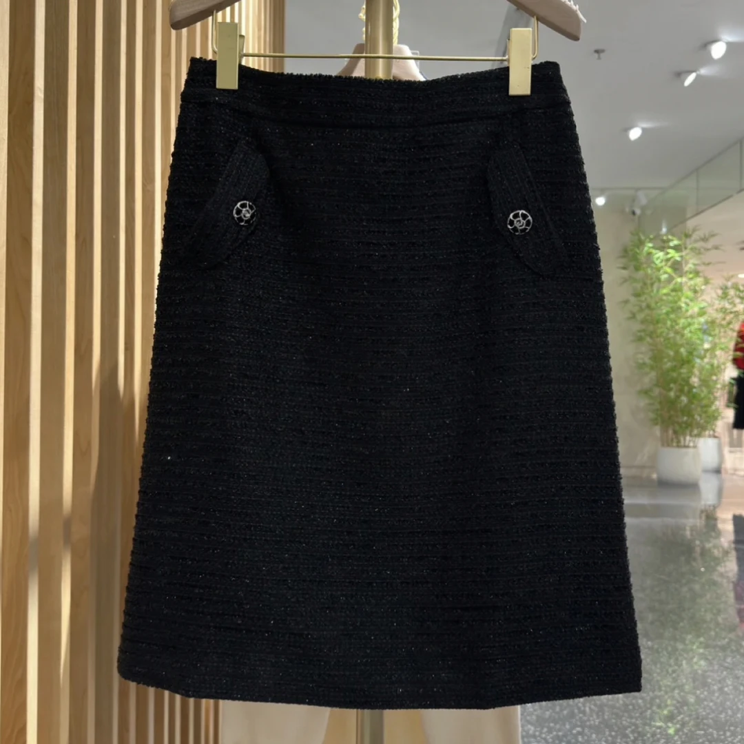 声雨竹5R202春秋新款休闲小香风提花高腰显瘦半身裙黑色包臀气质