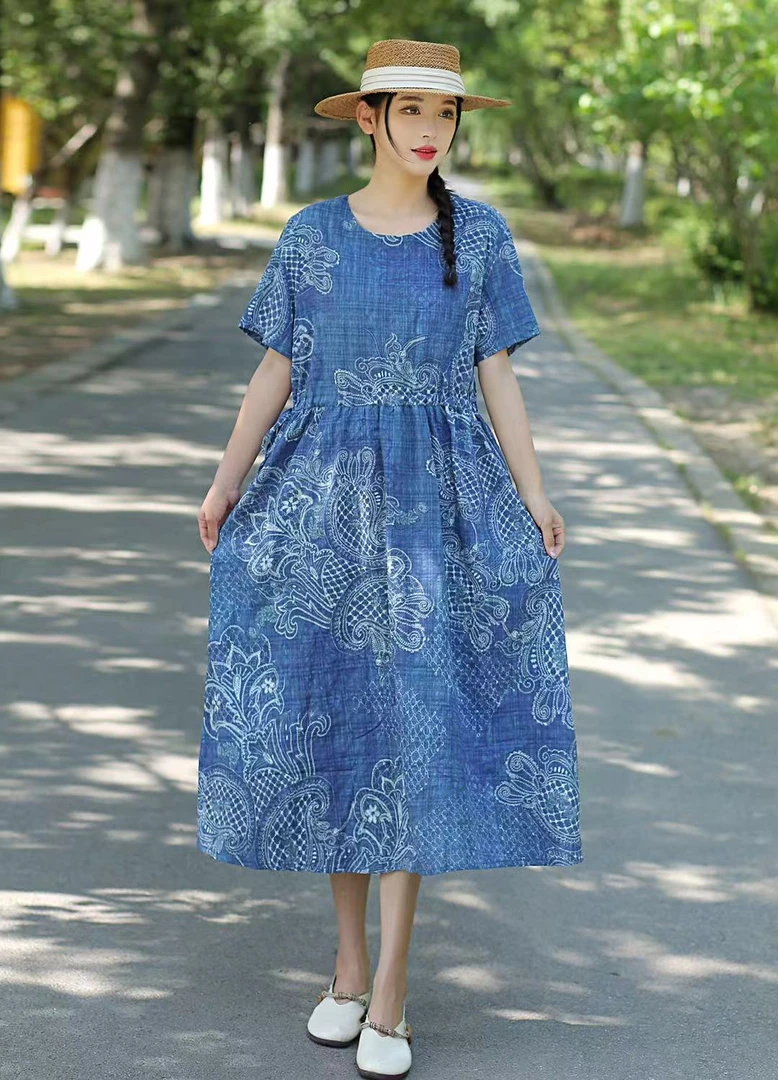 夏季新款清凉显瘦百搭圆领宽松遮肚气质民族风复古中长款女连衣裙