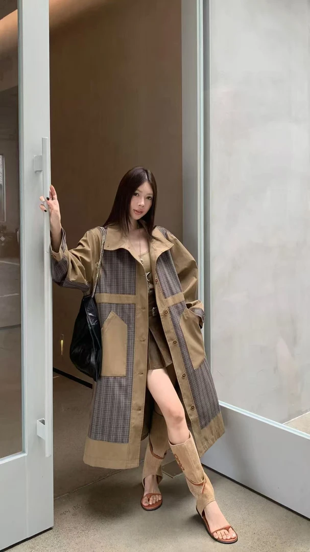 奇遇Cheeryu女装中长款韩系长款拼接风衣韩版休闲大衣秋冬外套