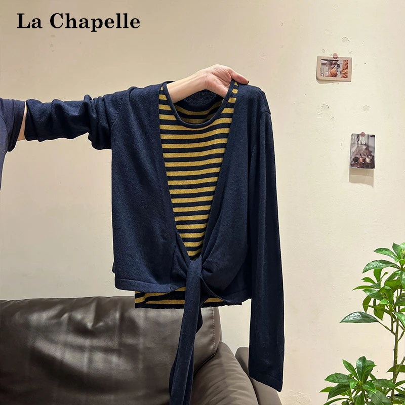 拉夏贝尔设计感条纹假两件针织长袖T恤女秋季不规则绑带绝美上衣