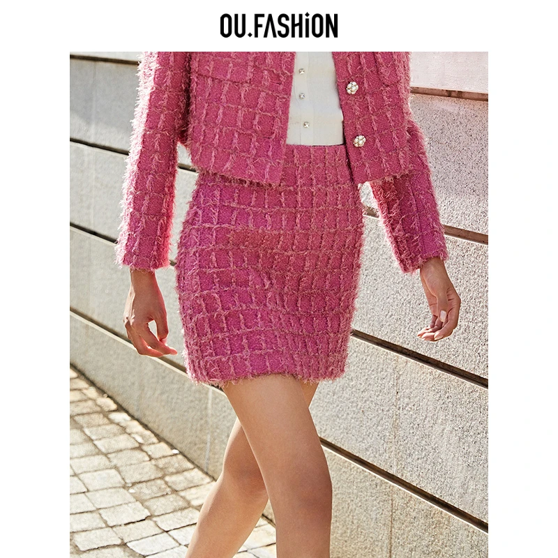 OU.FASHION/欧点小香风编织格纹半身裙A字版短裙1112410251