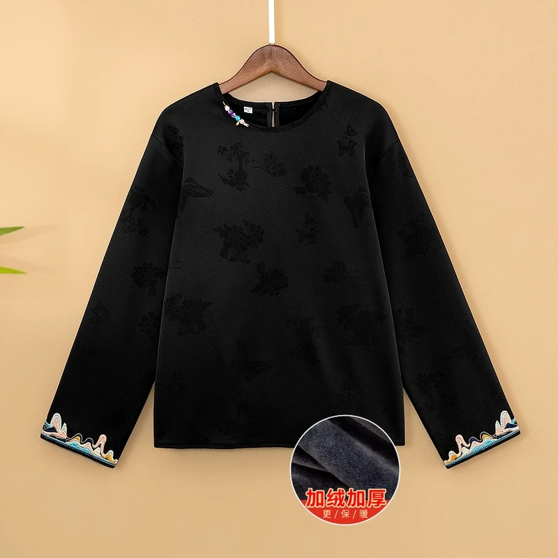 【墨莺】冬季加绒加厚上衣中式圆领宽松提花国风保暖打底长袖衬衫女