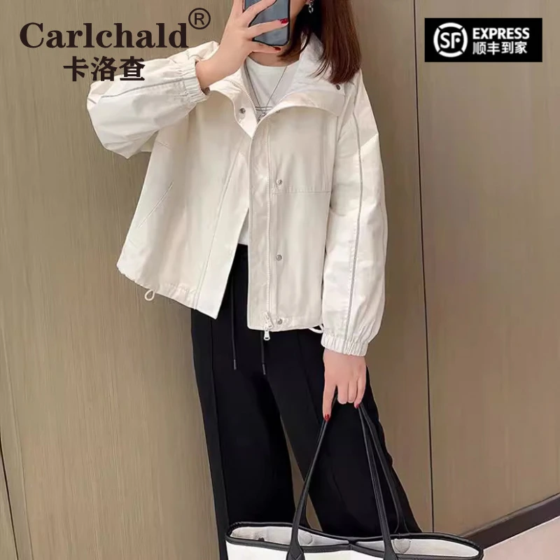 卡洛查（CARLCHALD）时髦帅气重工链条拼接帅气小立领短款风衣春款