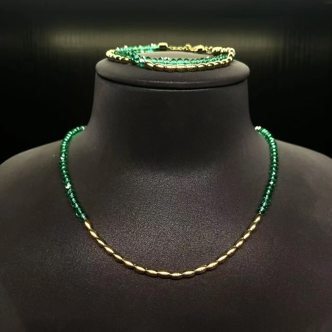 合金项链 中古风绿色水晶手链项链一套/S385+S388