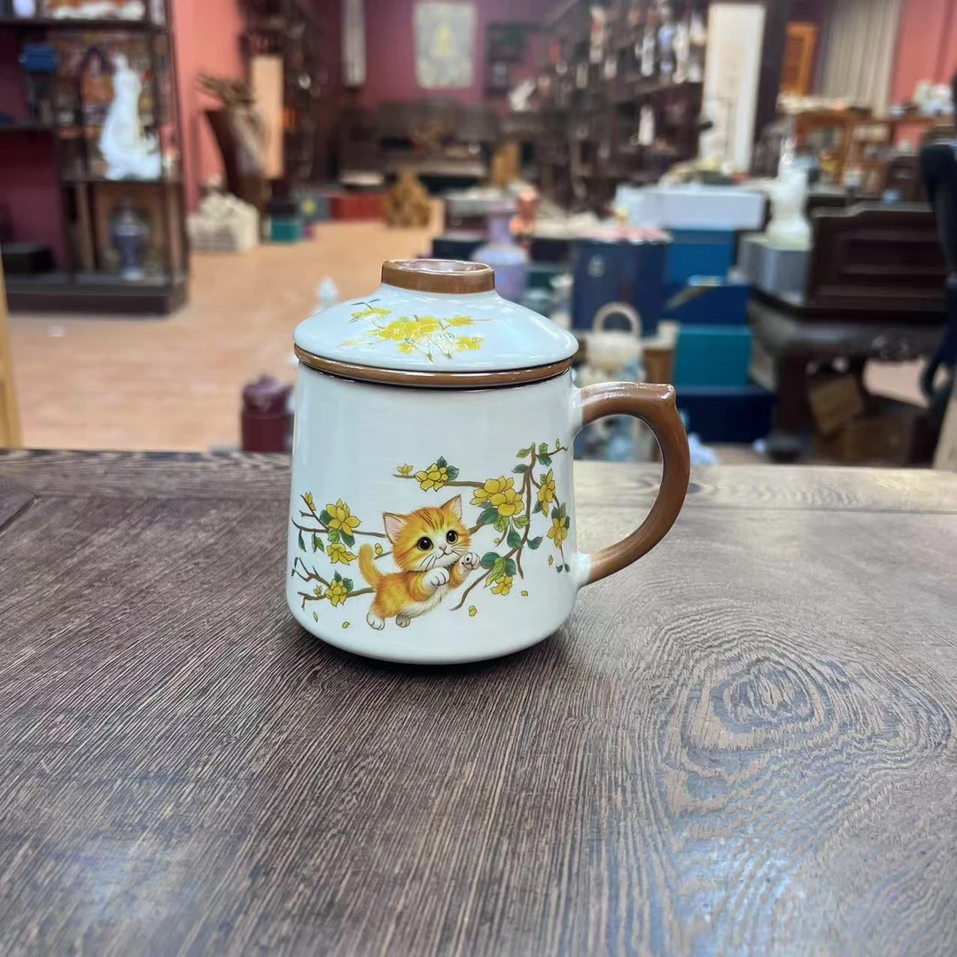 【闪购商品】汝窑开片猫咪过滤办公杯茶杯
