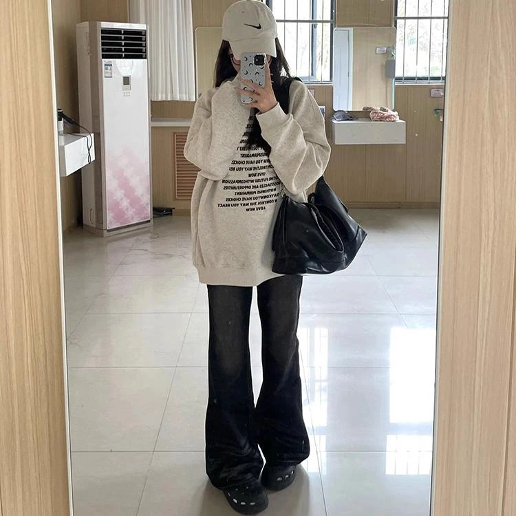 美式复古圆领卫衣女秋冬款加绒加厚无帽套头大码宽松oversize外套