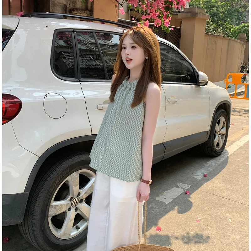 FUGUI RICH小个子无袖套头衬衣女百搭格子背心上衣夏 26251BD7779