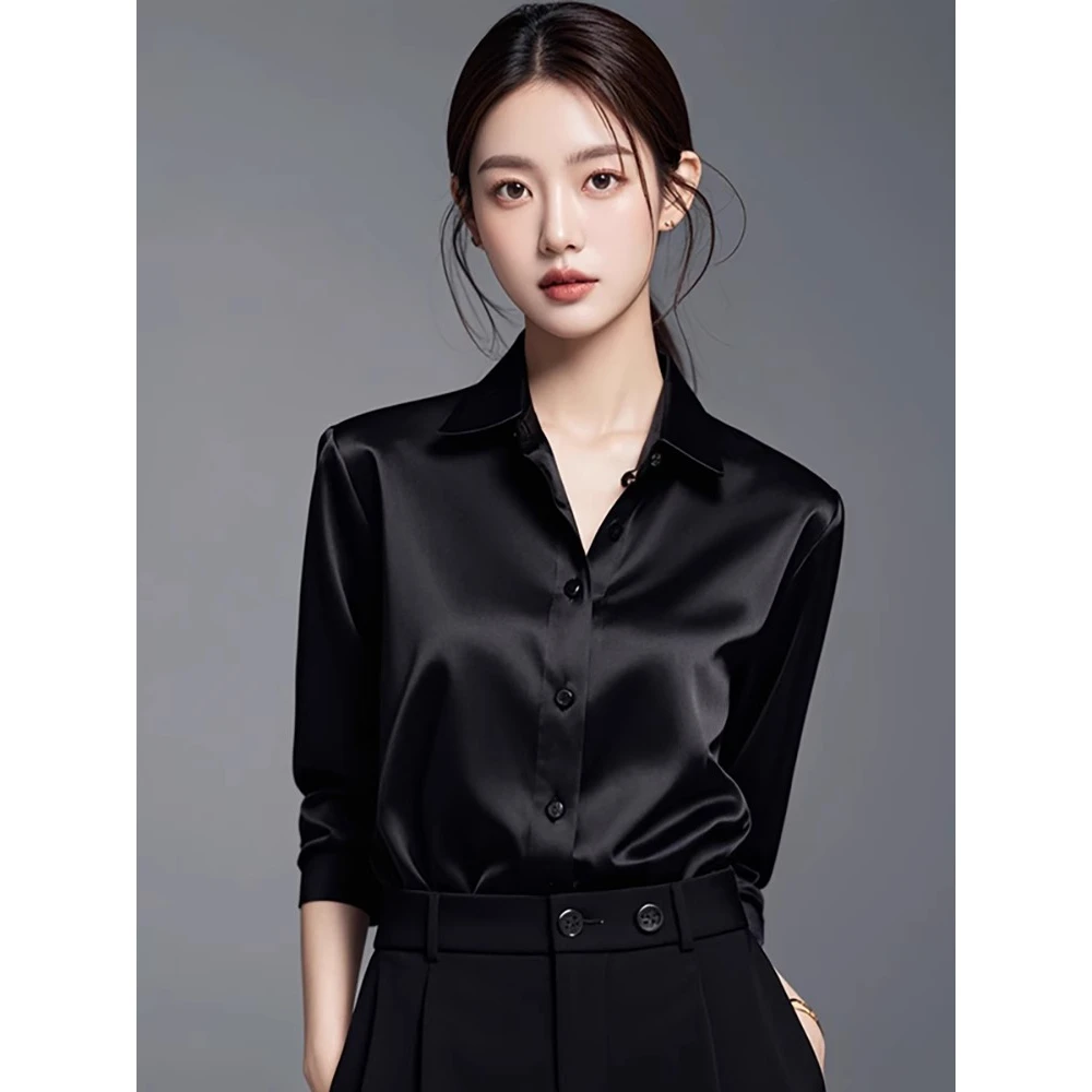 高级感轻奢醋酸缎面黑衬衫女长袖职业法式小众OL衬衣显瘦轻熟