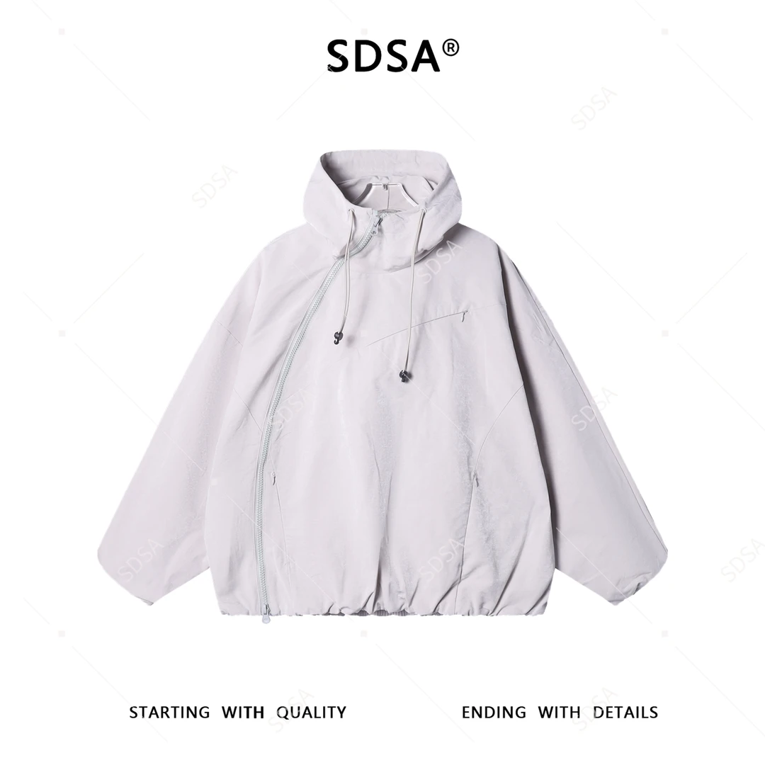 SDSA男士秋冬新款痞帅男装韩版纯色斜拉链设计连帽夹克外套百搭