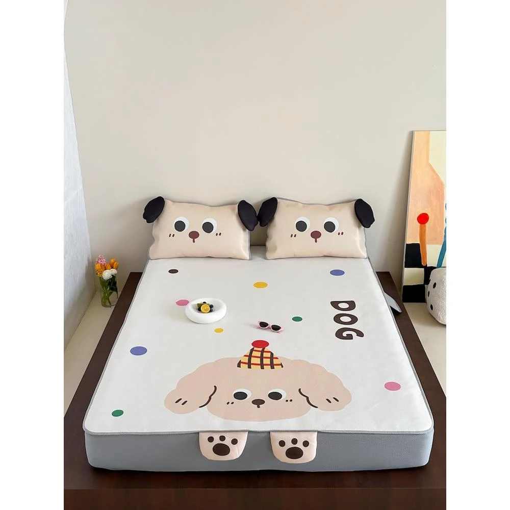 创意卡通小狗异形冰丝席三件套夏季空调软凉席子床笠款可水洗折叠