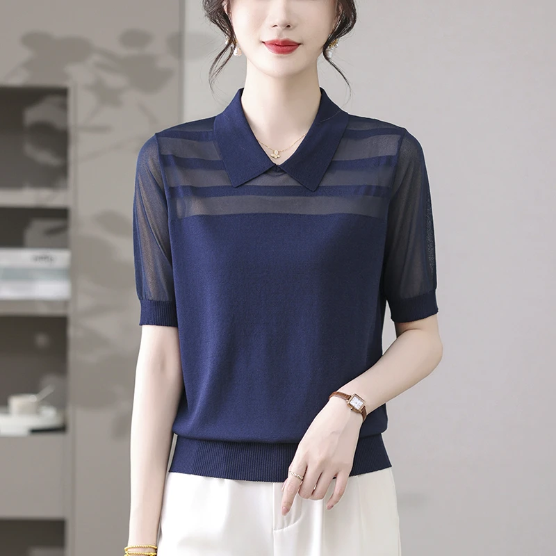 女士蕾丝t恤2025夏季新款娃娃领短袖针织衫轻奢减龄冰丝针织上衣