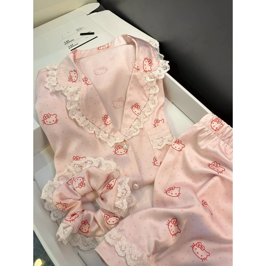 【少女粉kitty】可爱小众冰丝短袖睡衣女夏季新款套装可外穿家居服