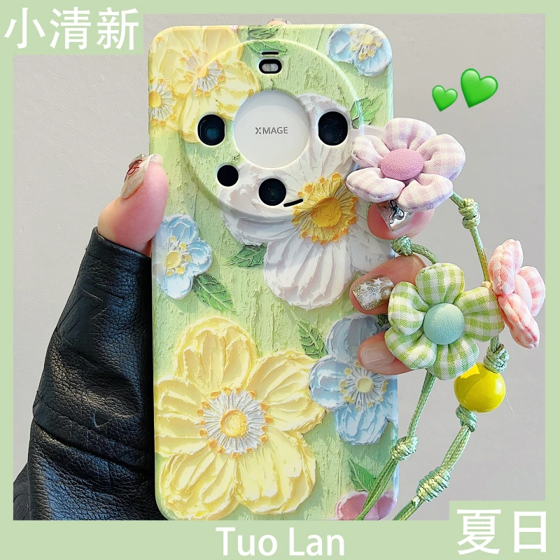 适用华为mate60pro手机壳春夏小清新绿油画花朵mate70肤感pura70