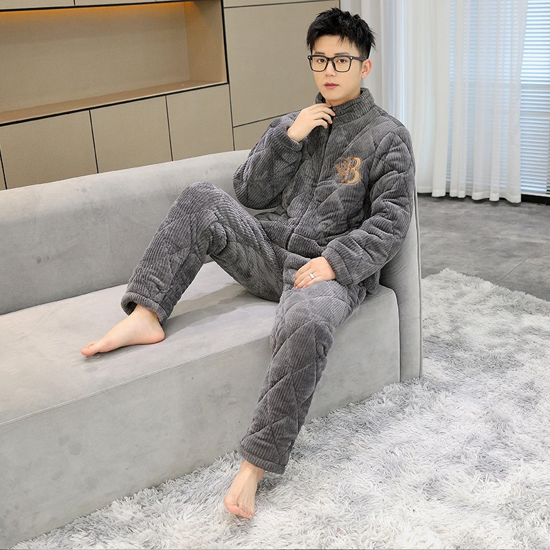 男士可外穿拉链款睡衣家居服加绒加厚保暖青年男生休闲冬款
