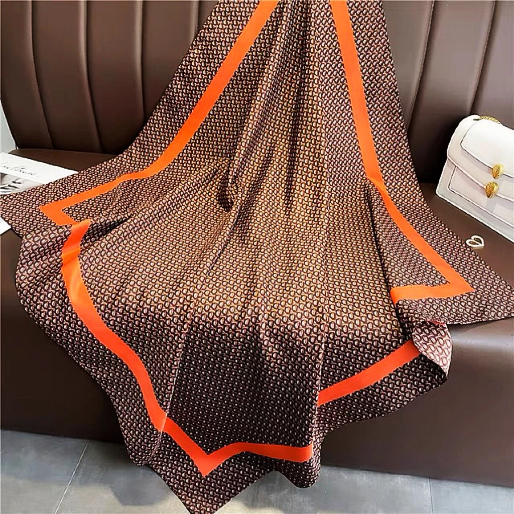 仿真丝印花大方巾拼色护颈围巾衬衫装饰披肩时尚百搭领巾洋气丝巾