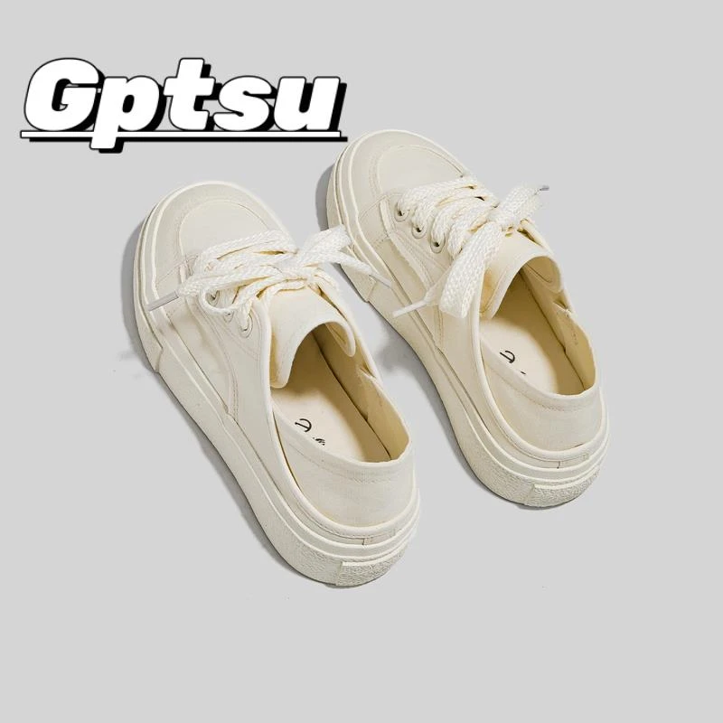 GPTSu新款休闲百搭一脚蹬透气小白鞋厚底两穿半拖踩脚帆布鞋女士