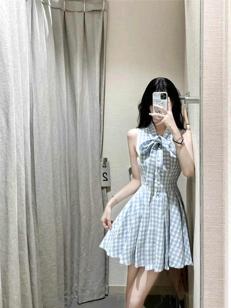 法式甜美蓝色无袖格子连衣裙子女夏2025年新款蝴蝶结气质百褶短裙
