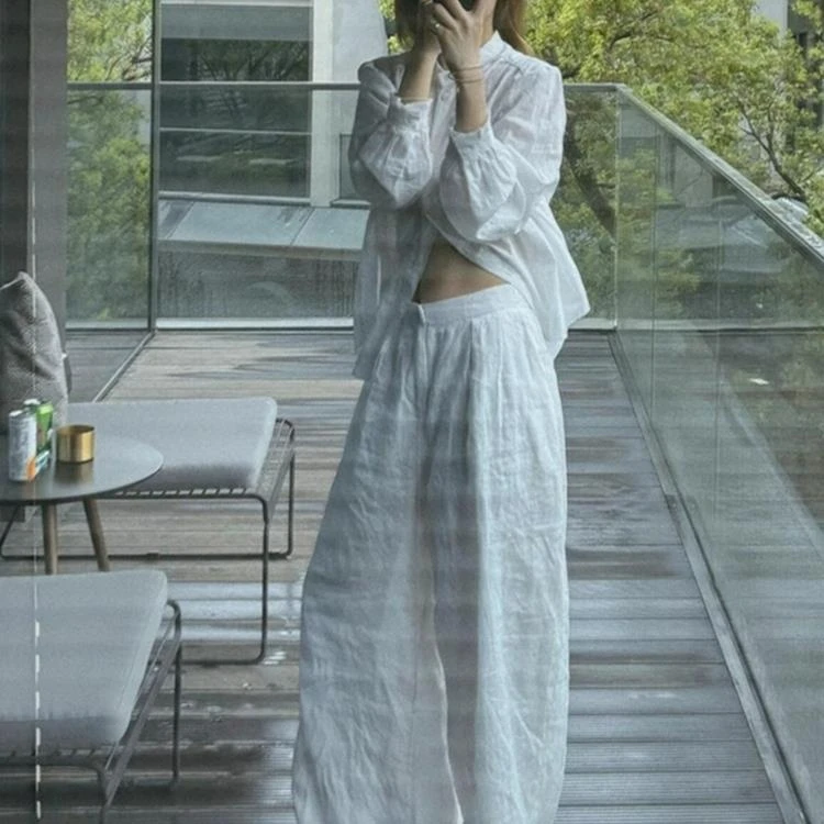 一整套ootd穿搭松弛感慵懒韩系白色亚麻衬衫阔腿裤休闲套装女夏季