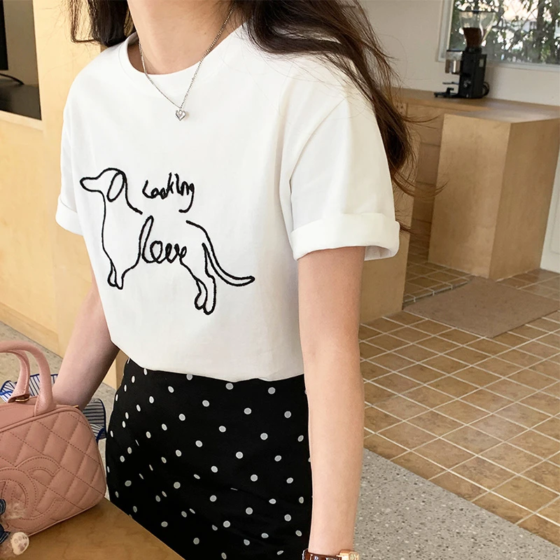 刺绣卡通小狗减龄圆领短袖T恤女韩系休闲时尚设计感正肩白色上衣