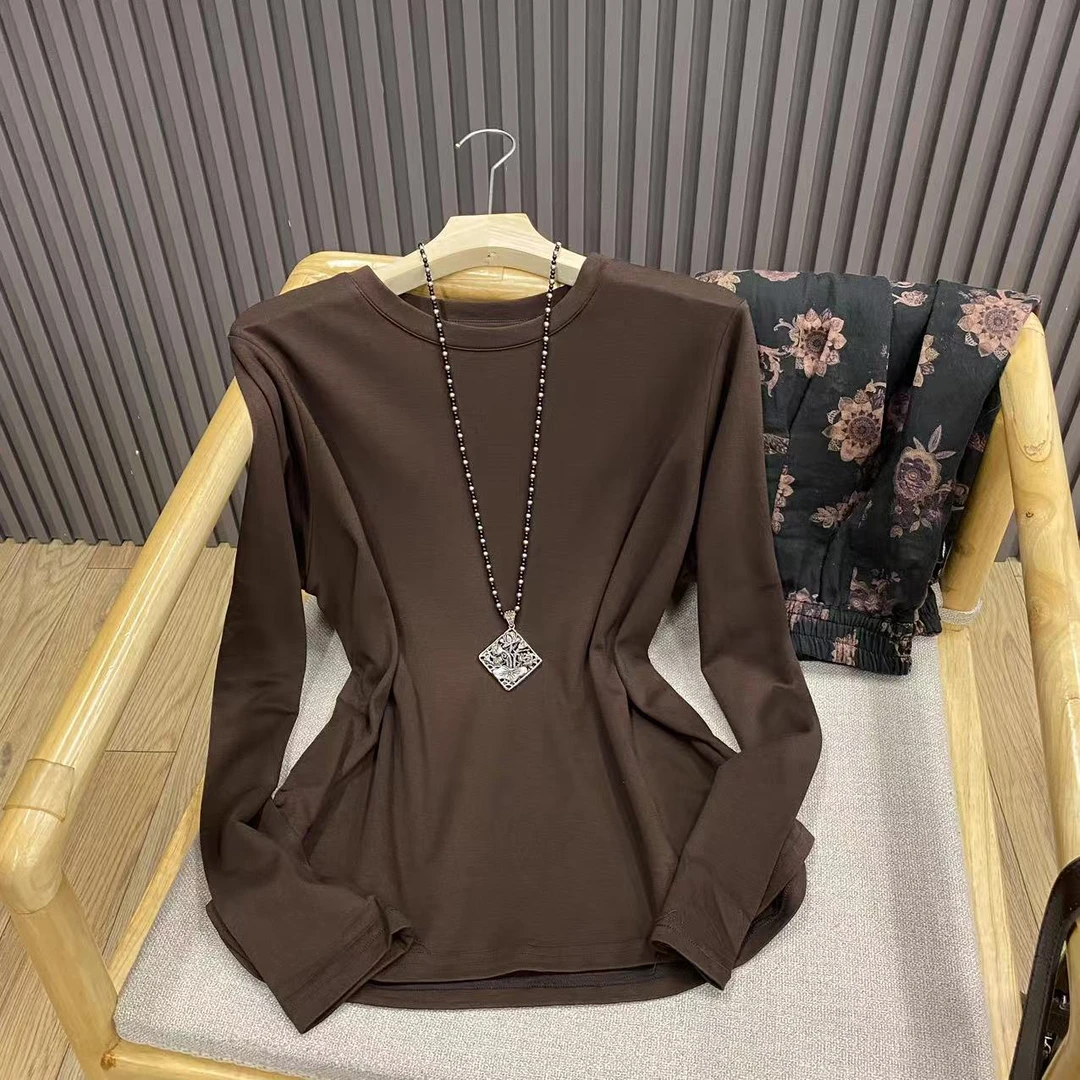 圆领套头纯色打底衫收腰宽松百搭简约长袖内搭T恤女T811