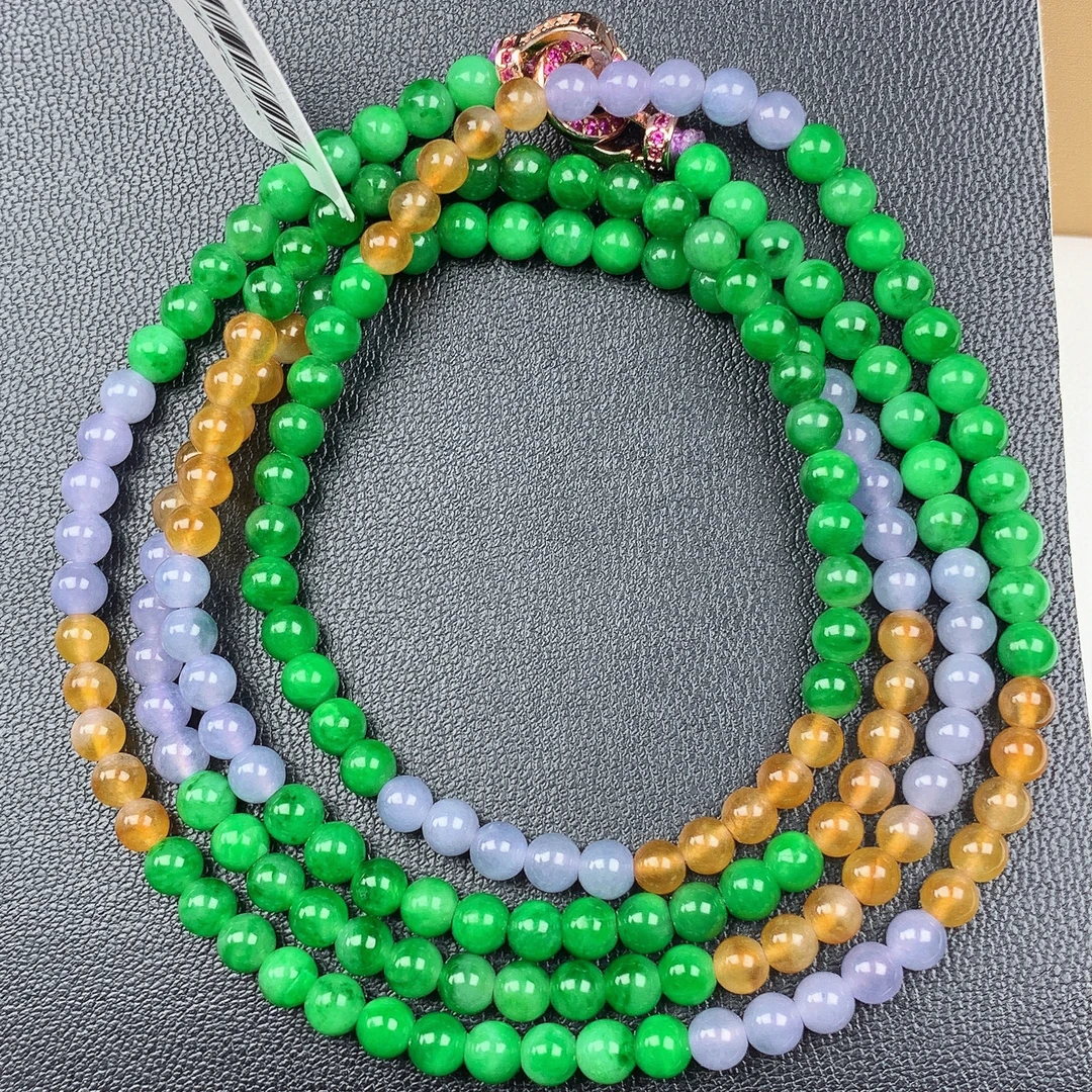 缅甸A货翡翠冰黄加绿紫罗兰三色小米珠圆珠项链珠链T/3.7mm-660mm