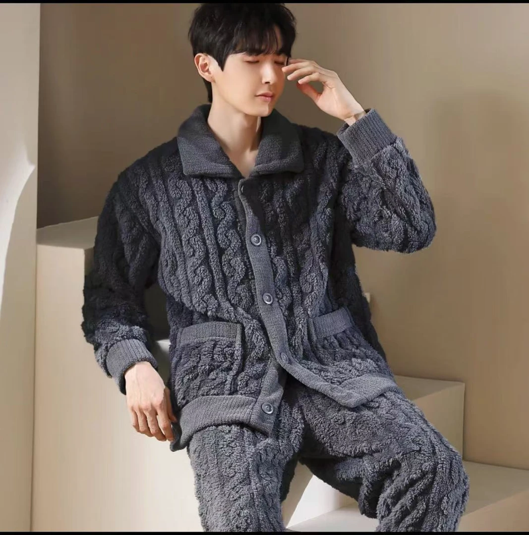 男女同款珊瑚绒大翻领加厚保暖时尚加绒休闲套装可外穿1122