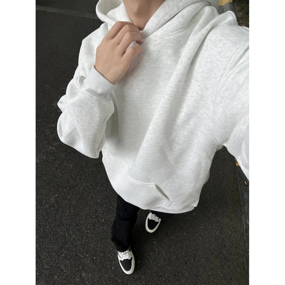 花灰色重磅连帽卫衣男秋冬季潮牌美式硬挺连帽衫boxy套头短款外套