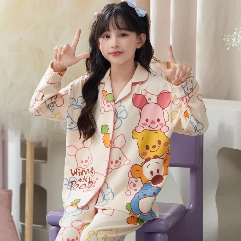 儿童睡衣卡通男女童春秋新款纯棉小熊维尼长袖翻领套装女童家居服