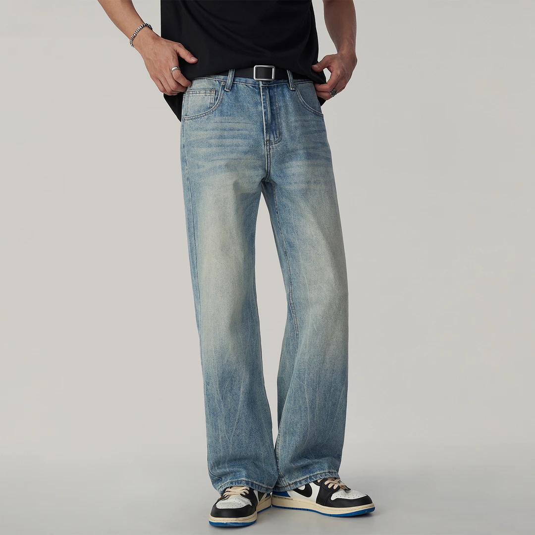 美式高街冰川蓝微喇春季潮牌牛仔裤男士cleanfit宽松直筒休闲长裤