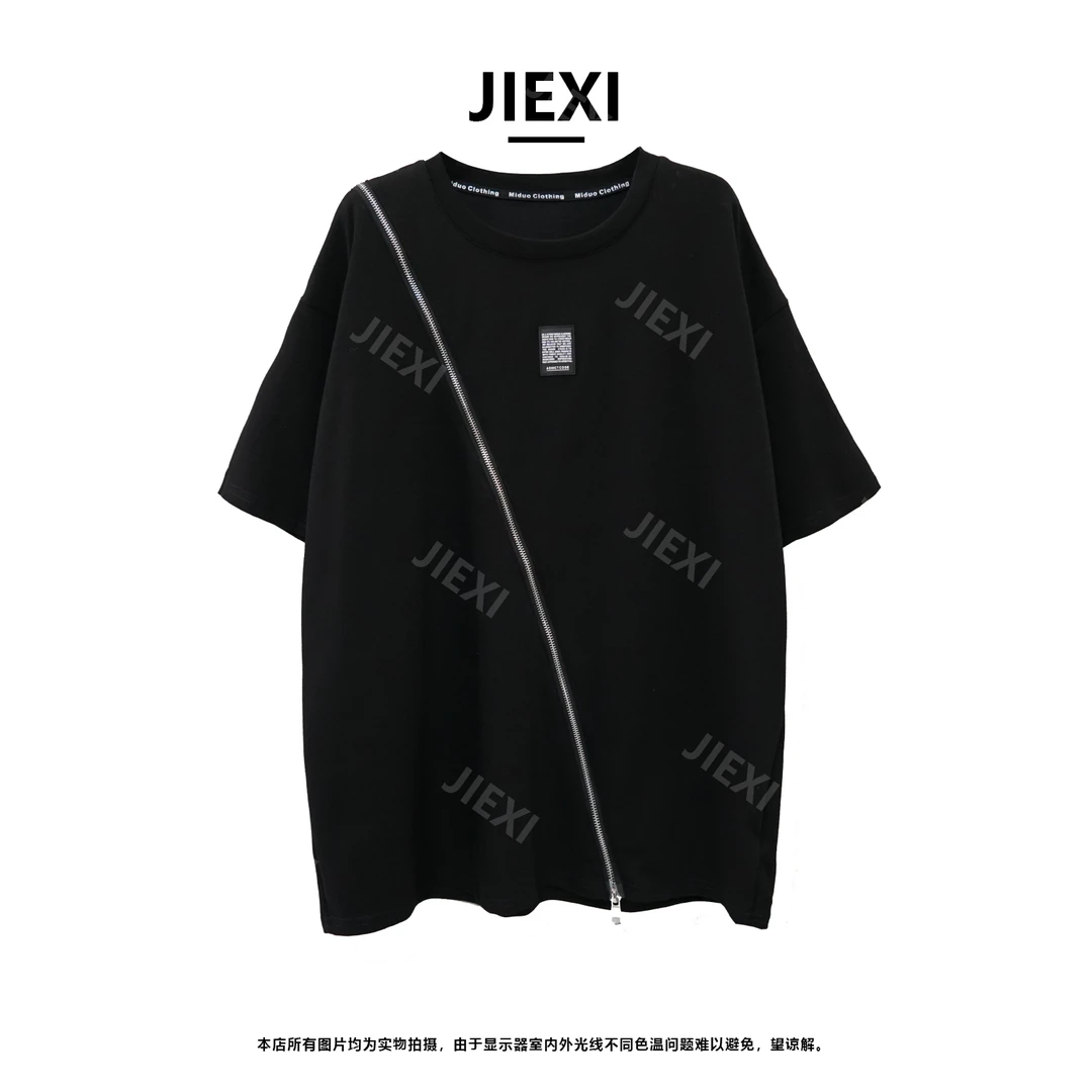 JIEXI潮牌休闲街头风小潮标斜拉链装饰新款宽松百搭短袖T恤jx6008