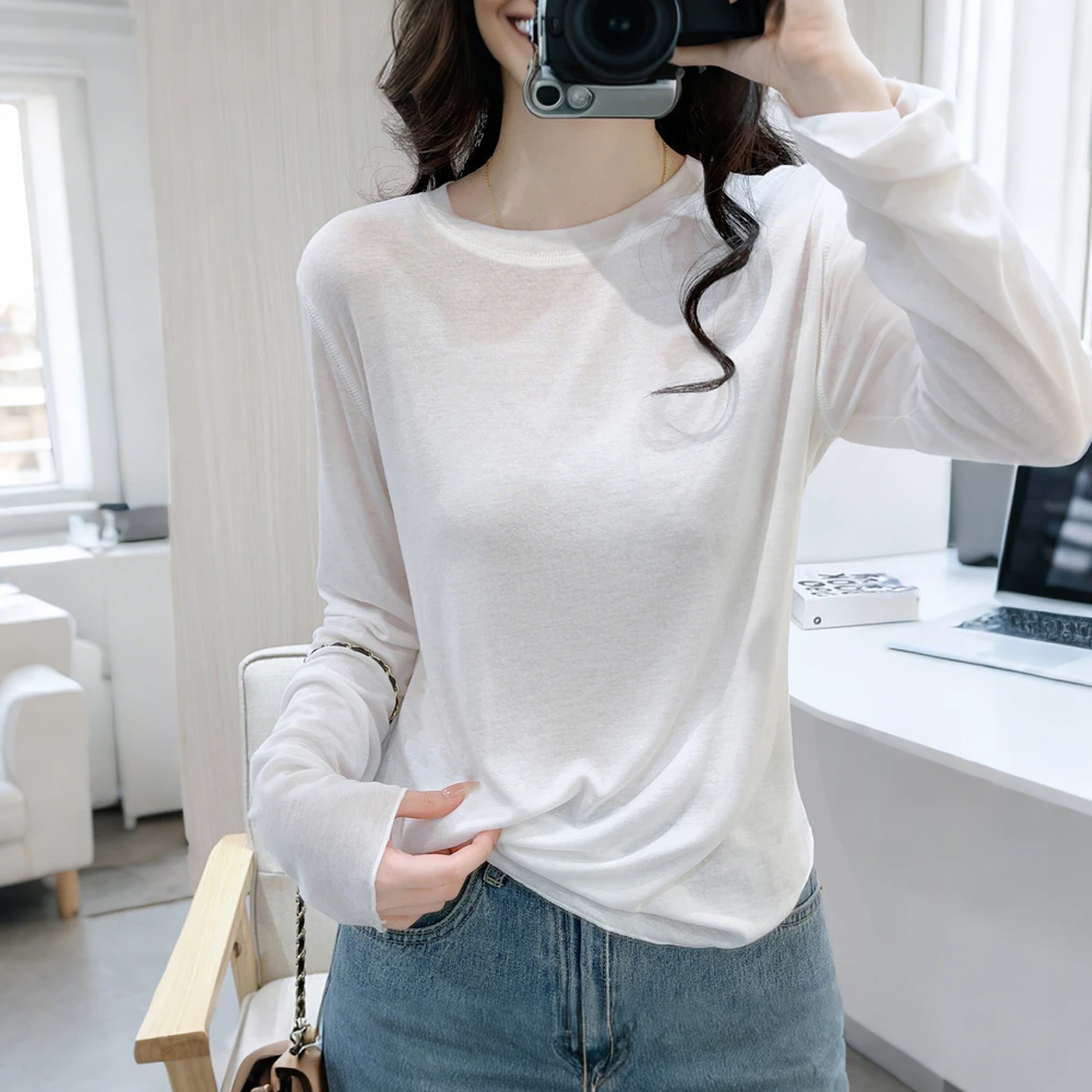 早秋女装薄款修身长袖圆领套头绵羊毛打底减龄休闲百搭显瘦T恤衫