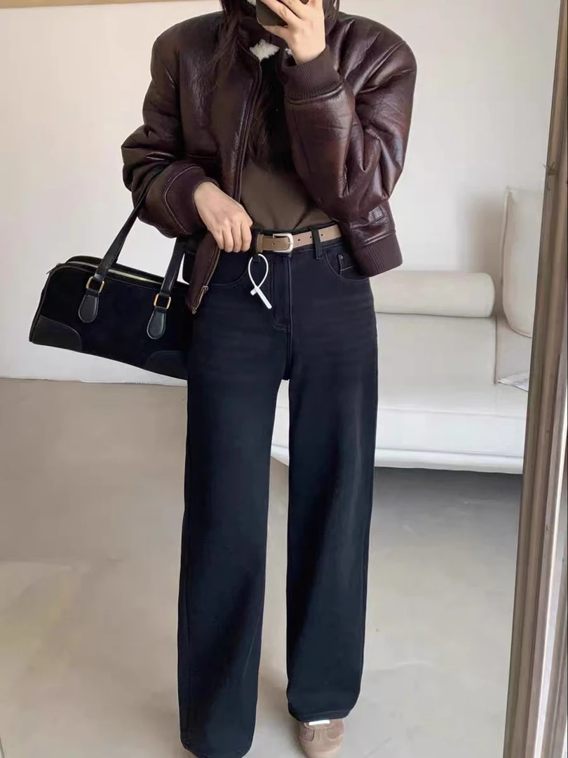 软哭 好穿到没朋友 黑灰色 加厚 加绒 女阔腿 牛仔裤275