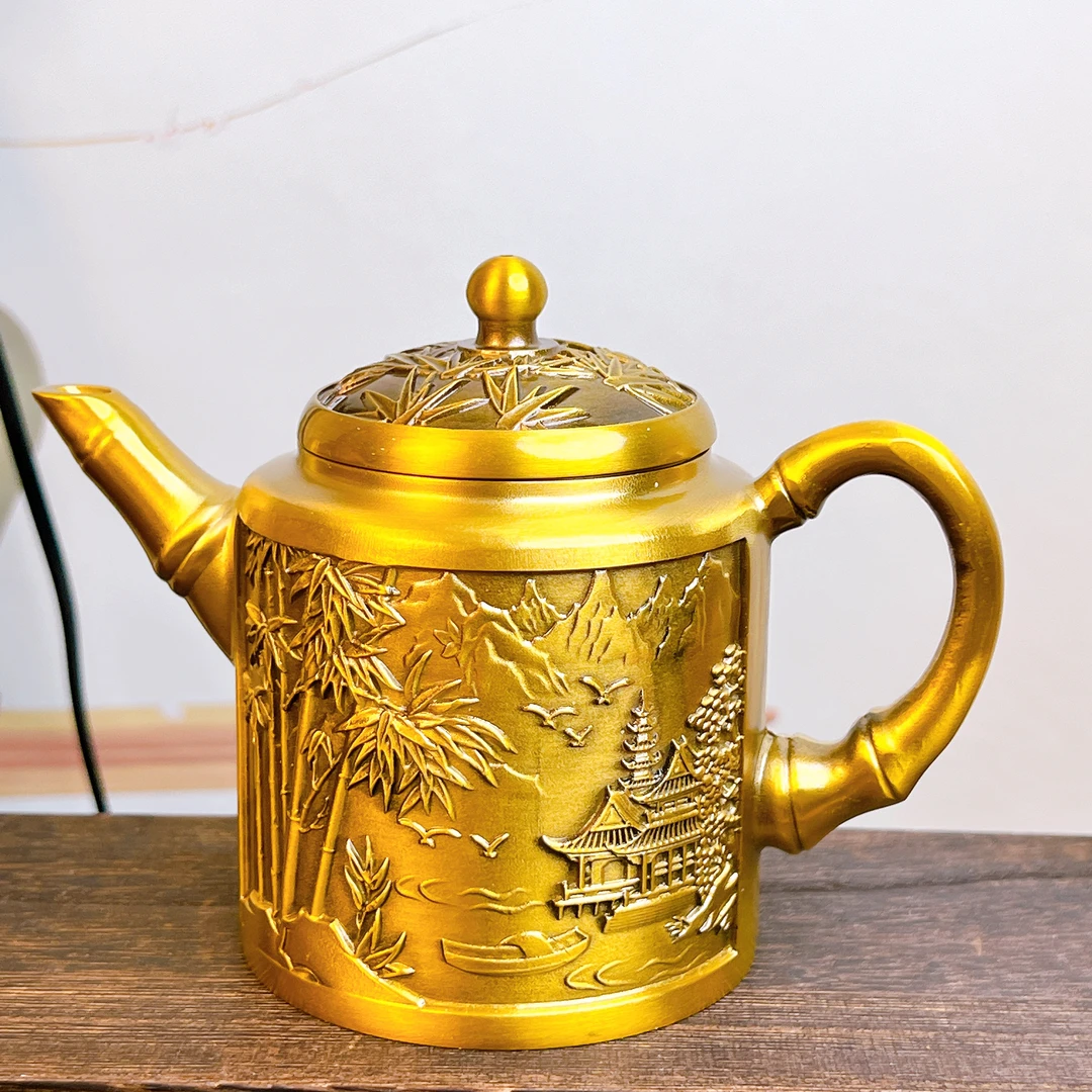 A【山水竹节茶壶】新款黄铜盖子可旋转山水竹节茶壶茶桌办公桌摆件