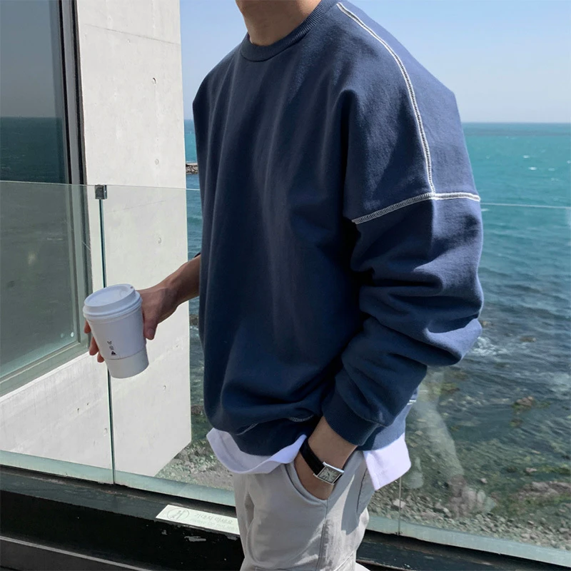 DeweLvum圆领厚棉宽松百搭无帽长袖T恤男款新品港风舒适上衣男装