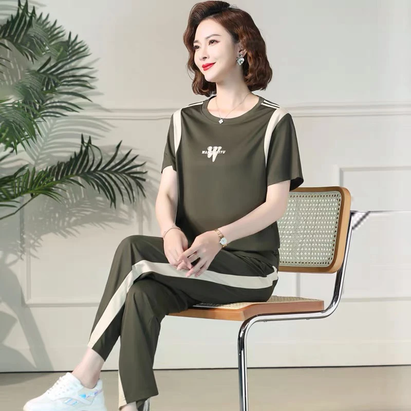 中年妈妈洋气夏装母亲节衣服短袖T恤两件套中老年女装运动服套装