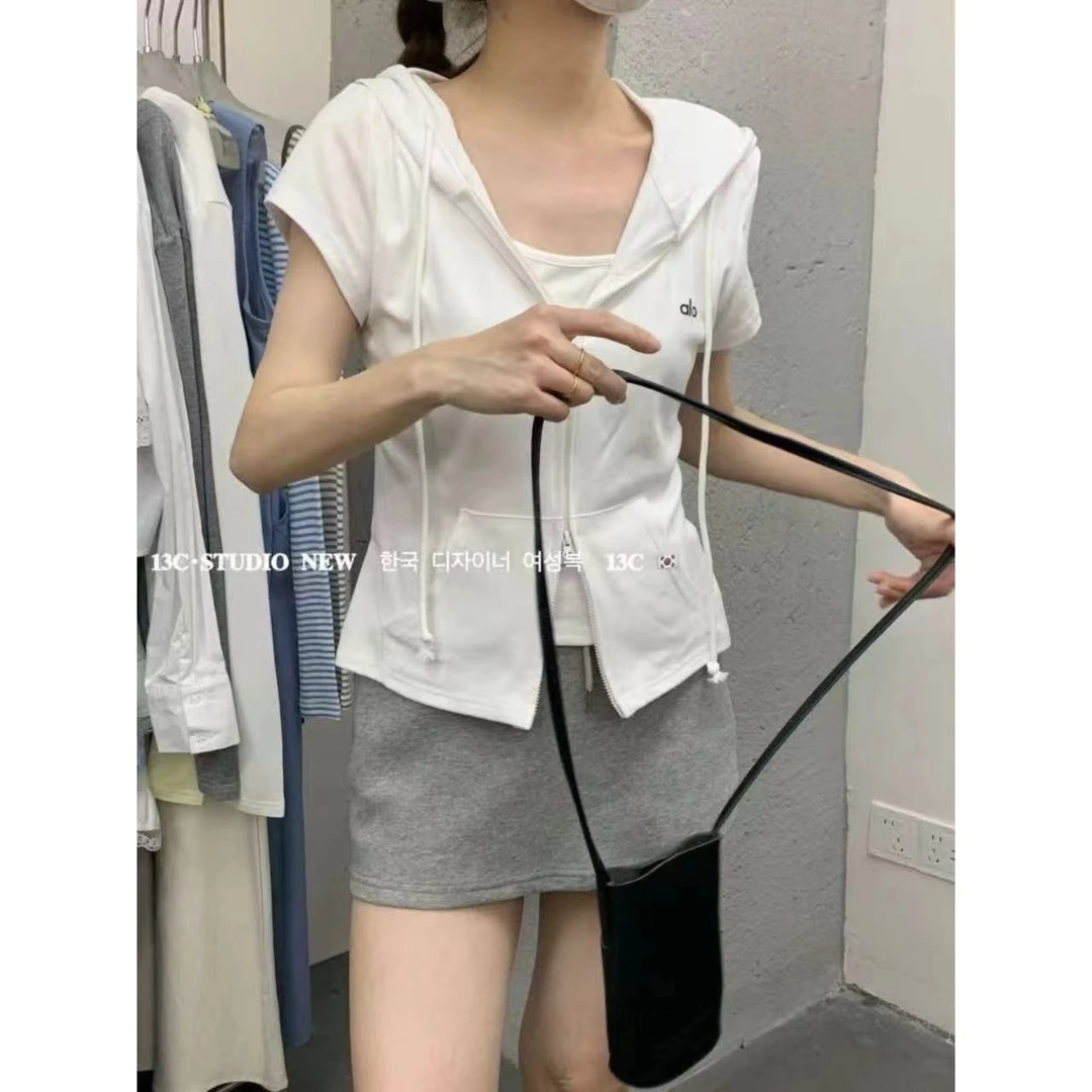 【2675】连帽休闲风短袖拉链T恤不规则假两件设计感百搭韩版